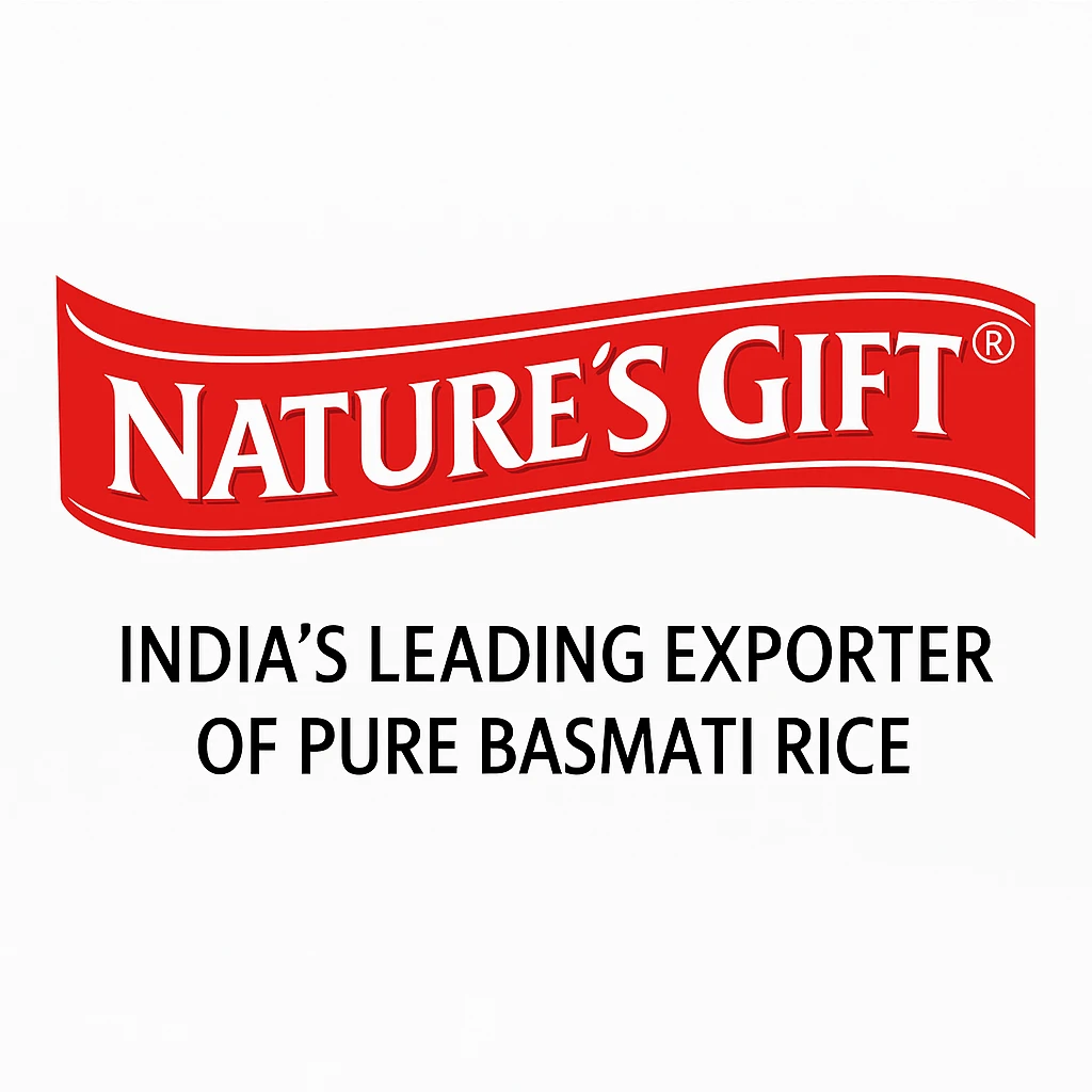"Nature’s Gift logo featuring a red banner with white text reading 'NATURE'S GIFT' and black text below stating 'INDIA’S LEADING EXPORTER OF PURE BASMATI RICE' on a white background, arranged in a square format."